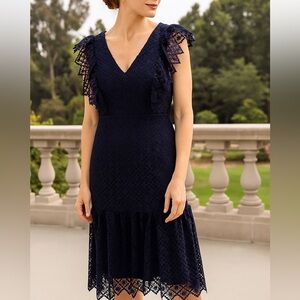 Antonio Milani Navy Blue Lace Sleeveless Midi Dress Women 6 Formal Party Wedding